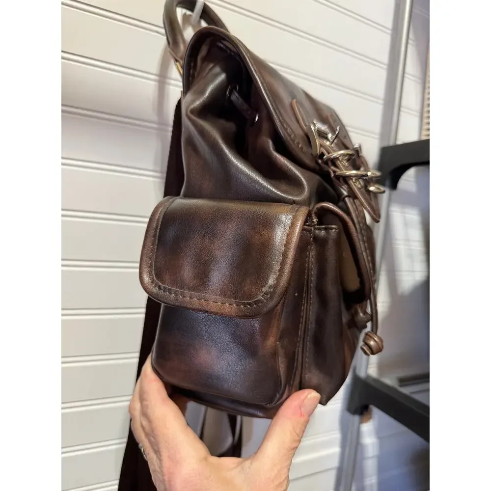 Madden NYC Brown Faux Leather Flap Backpack